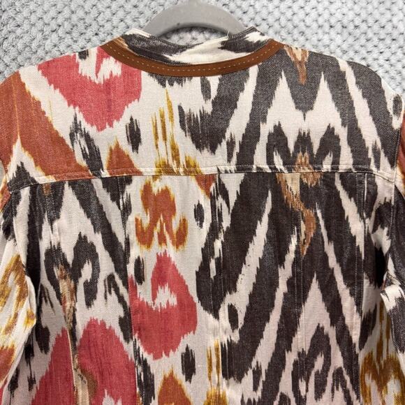 Chicos Jacket Women 2 L Orange Brown Linen Abstract Ikat Metallic Western Pocket - Picture 11 of 16